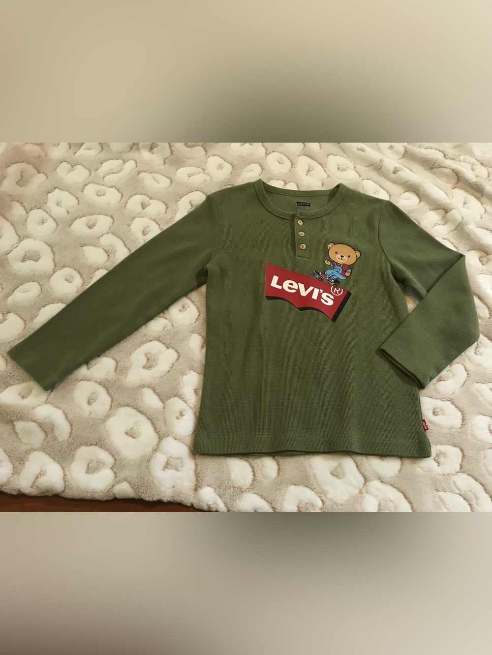 Levi's Olive Green Waffle Knit Top with Bear and Logo